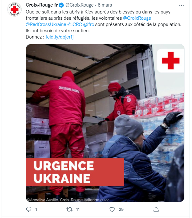 Tweet de la Croix-rouge française appelant aux dons