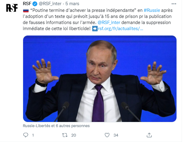 Tweet de Reporters Sans Frontières sur le climat médiatique en Russie